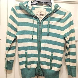 Hollister 3/4 Sleeve Zip-Up Sweatshirt Green and Off-White Sz L